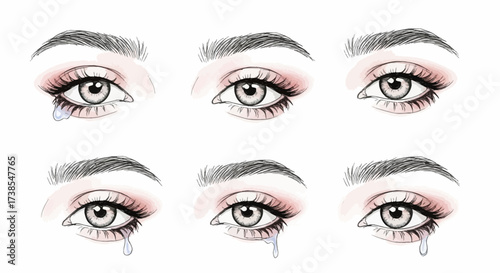 Close up illustration of six expressive female eyes showing different emotions and a single tear rolling down each one