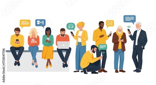 Diverse Group of People Engaged with Their Smartphones and Devices in a Modern Setting Demonstrating Digital Connection