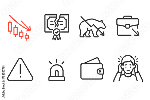 Stock Market Icons. Outline icon set of stock market loss: red falling candlestick, broken stock certificate, bearish icon, falling portfolio,