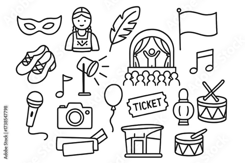Cultural Festive Illustrations. Hand-drawn doodle illustration Cultural costumes and masks mask, costume, feather, flag, dance shoes, spotlight, stage, crowd,