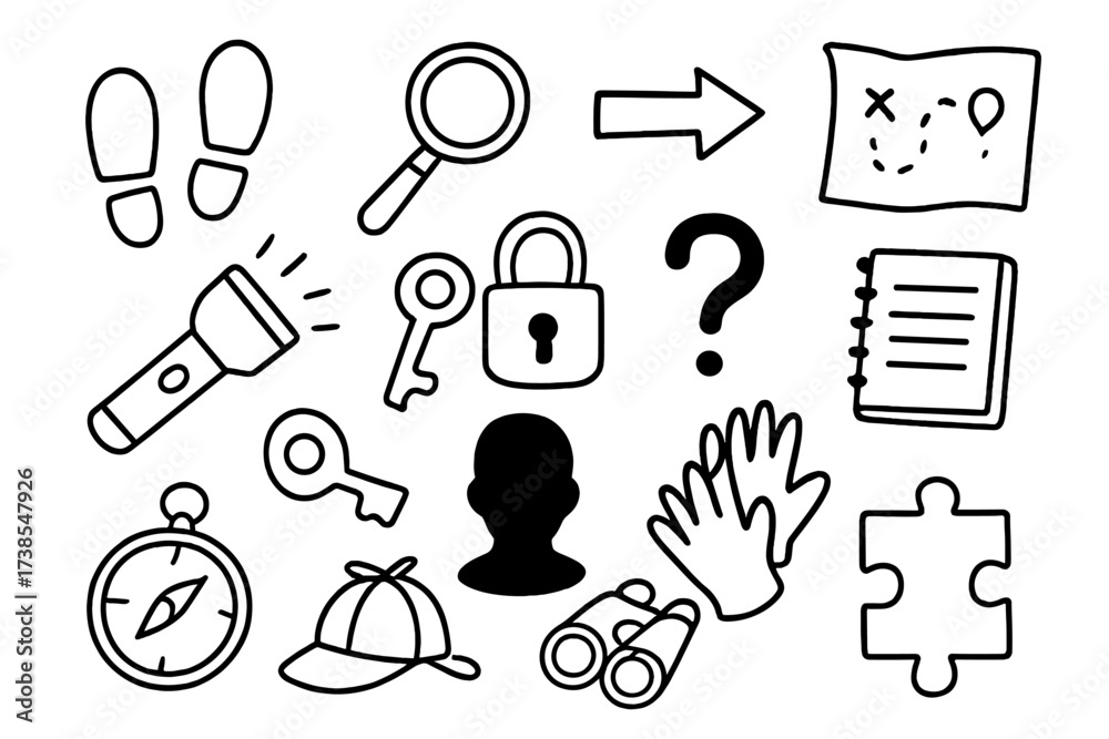 Obraz premium Detective Essentials Icons. Hand-drawn doodle illustration trail clue footprints, magnifying glass, arrow, map, question mark, notebook, flashlight, key, lock,