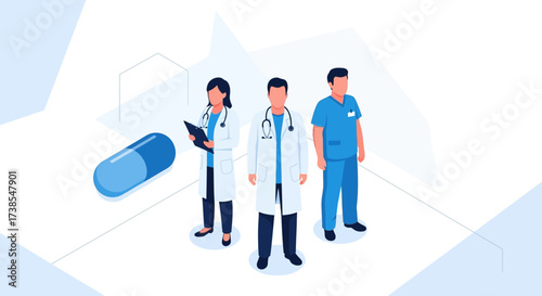 Diverse Medical Professionals Collaborating in Healthcare Innovation and Research With Pharmaceutical Elements