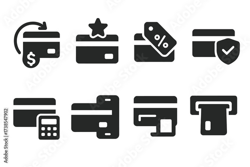 Debit Card Icon Set. Solid, filled icon set of debit card benefits: cashback, rewards, discounts, fraud protection, budgeting tool, instant notifications, ATM
