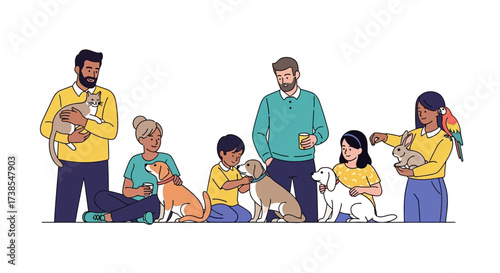 Diverse People Enjoying Companionship With Their Beloved Pets Including Dogs Cats Birds and Rabbits