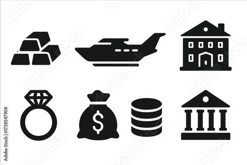 Oligarch Wealth Icons. Solid, filled icon set of oligarch wealth symbols: gold bars, luxury yacht, private jet, mansion, diamond ring, money bag, stack of