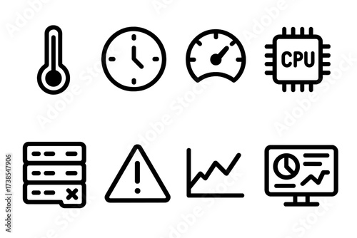 Server Monitoring Icons. Solid, filled icon set of server farm monitoring: temperature gauge, uptime clock, bandwidth meter, CPU load, error log, alert icon,