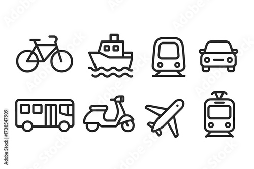 Danish Transportation Icons. Outline icon set of Danish transportation: bicycle, ferry, metro train, car, bus, scooter, airplane, tram. Line icons in only