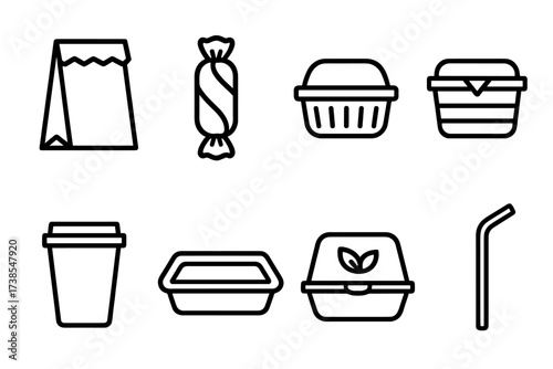 Street Food Packaging Icons. Outline icon set of street food packaging: paper bag, foil wrap, plastic container, bamboo box, disposable cup, food tray,