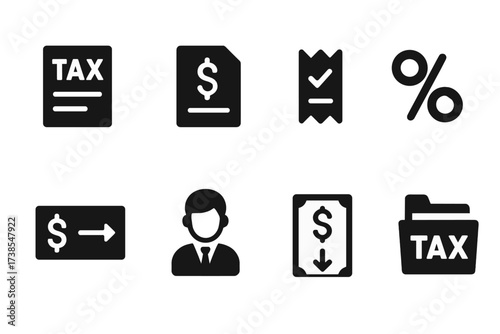 Tax Deduction Icons. Solid, filled icon set of tax and deductions: tax form, income document, deduction receipt, tax percentage, refund check, accountant