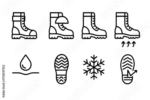 Military Boot Icons. Outline icon set of military boots foot protection: ankle guard, toe shield, arch support, shock absorber, waterproof layer, anti-slip