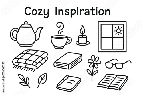 Cozy Doodle Elements. Cozy Inspiration. Hand-drawn doodle illustration tea pot, cup, steam swirl, blanket, book, candle, window, sun, flower,