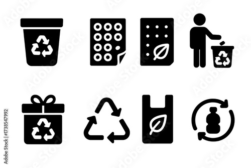 Bubble Wrap Recycling Icons. Solid, filled icon set of bubble wrap recycling: recycling bin, reusable wrap, biodegradable wrap, waste sorting, eco-friendly