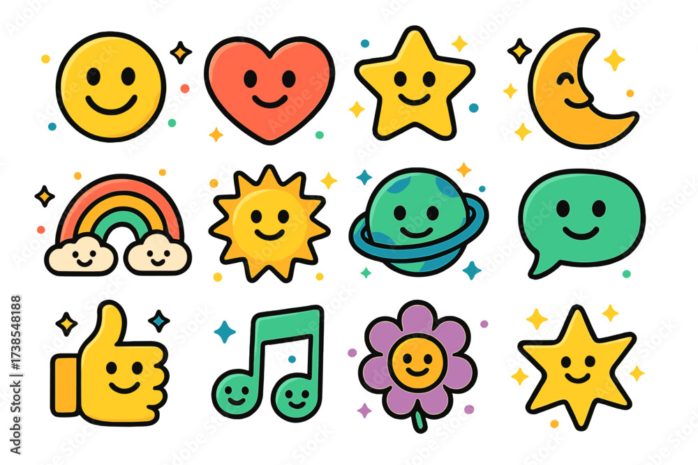 Fototapeta premium Colorful Smiling Symbols. Smiling symbols. Colorful isometric vector icons set of smiling symbols: smiley face, cheerful heart, smiling star, happy moon,