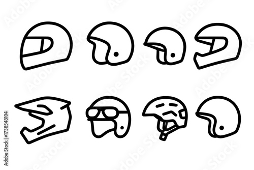 Helmet Icon Collection. Outline icon set of helmet styles: full face, open face, half shell, modular, off-road, vintage, tactical, commuter. Line icons in only