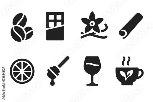 Aroma Food Icons. Solid, filled icon set of aroma food and drink: coffee beans, chocolate bar, vanilla pod, cinnamon stick, orange slice, honey dipper, wine