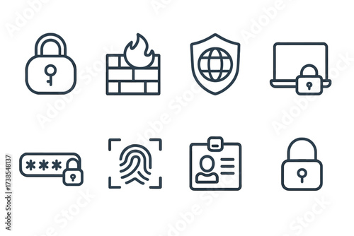 Security and Communication Icons. Outline icon set of signal security: encryption, firewall, VPN, secure connection, password protection, biometric scan,