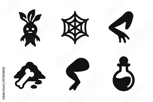 Potion Ingredients Icons. Solid, filled icon set of potion ingredients with mandrake: dried mandrake, spider silk, bat wing, frog leg, powdered bone, snake
