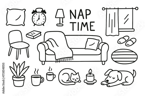 Cozy Nap Time Doodles. Hand-drawn doodle illustration Nap time sofa, pillow, blanket, book, lamp, clock, slippers, rug, plant, cup, candle, cat, dog, curtain,