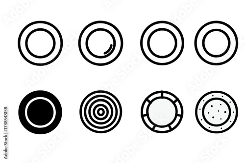 Variety Plate Icons. Solid, filled icon set of plate materials: porcelain plate, ceramic plate, glass plate, plastic plate, metal plate, wooden plate, bamboo