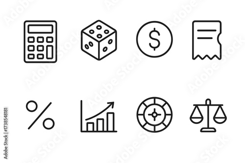 Odds Calculator Icons. Outline icon set of odds calculator: calculator, dice, coin, betting ticket, percentage sign, bar chart, roulette wheel, scale. Line