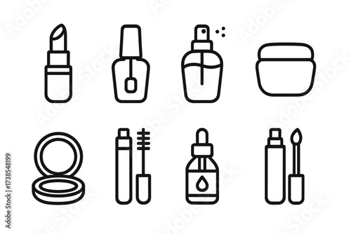 Glossy Beauty Icons. Outline icon set of glossy beauty products: lipstick tube, nail polish bottle, perfume spray, cream jar, makeup compact, mascara wand,