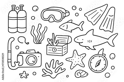 Underwater Exploration Doodles. Hand-drawn doodle illustration underwater explore scuba tank, mask, fins, fish, coral, seaweed, treasure chest, shark, snorkel,
