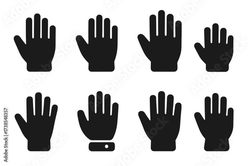 Glove Size Icons. Solid, filled icon set of glove sizes: small, medium, large, extra large, kids, unisex, adjustable, one size fits all. Solid, filled icons in