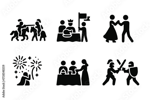 Noble Festivities Icons. Solid, filled icon set of noble festivals and events: jousting, feast, procession, dance, fireworks, banquet, coronation, tournament.