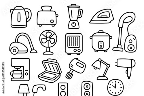 Doodle Home Appliances. Hand-drawn doodle illustration Portable home appliances kettle, toaster, blender, iron, vacuum cleaner, fan, heater, rice cooker,