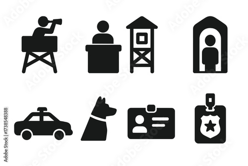 Guardian Icon Set. Solid, filled icon set of guardian positions: lookout post, security checkpoint, watchtower, sentry box, patrol car, guard dog, access card,
