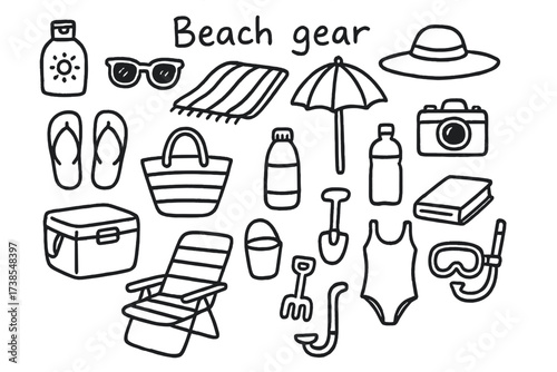Beach Gear Essentials. Hand-drawn doodle illustration Beach gear essentials sunscreen bottle, sunglasses, towel, umbrella, hat, flip flops, beach bag, water