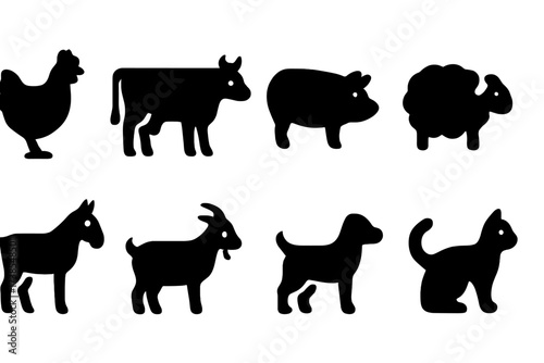 Farm Animal Icons. Solid, filled icon set of peasant animals: chicken, cow, pig, sheep, horse, goat, dog, cat. Solid, filled icons in only black color. All