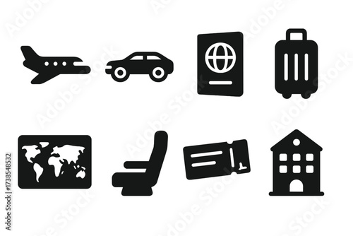 Billionaire Travel Icons. Solid, filled icon set of billionaire travel: private jet, luxury car, passport, suitcase, world map, first-class seat, boarding