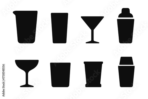 Barware Icon Set. Solid, filled icon set of stirring glassware: mixing glass, highball glass, old fashioned glass, martini glass, coupe glass, tumbler, julep