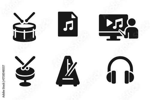 Drum Education Icons. Solid, filled icon set of drumroll education: drum lesson, sheet music, video tutorial, instructor, practice pad, metronome, music book,