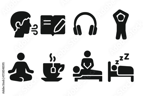 Stress Coping Icons. Solid, filled icon set of stress coping: breathing exercise, journal writing, music headphones, stretching, meditation, herbal tea,