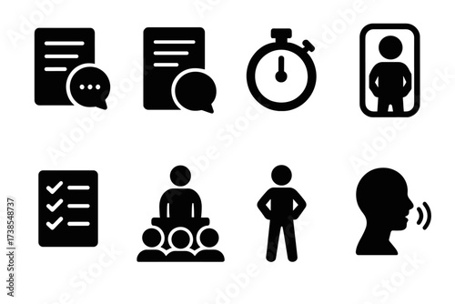 Speech Preparation Icons. Solid, filled icon set of speech preparation: outline notes, speech script, rehearsal timer, mirror practice, confidence checklist,