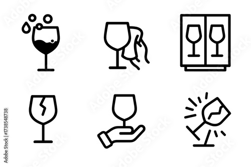 Wine Glass Care Icons. Solid, filled icon set of wine glass care: washing glass, drying glass, polishing glass, storing glass, repairing glass, carrying glass,