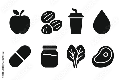 Energy Source Icons. Solid, filled icon set of energy sources: apple, nuts, protein shake, water droplet, vitamin pill, honey jar, leafy greens, meat steak.