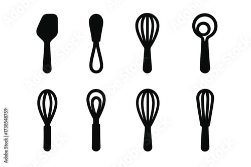 Oak Whisk Icon Set. Solid, filled icon set of oak whisk tools: wooden whisk, oak handle whisk, kitchen whisk, mixing whisk, balloon whisk, dough whisk, wire
