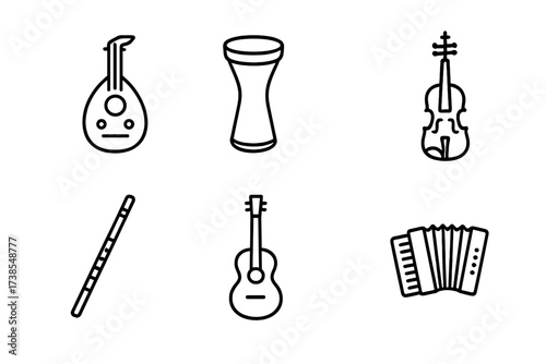 Israeli Instrument Icons. Outline icon set of Israeli musical instruments: Oud, Darbuka drum, Klezmer clarinet, Violin, Flute, Guitar, Accordion, Hand drum.