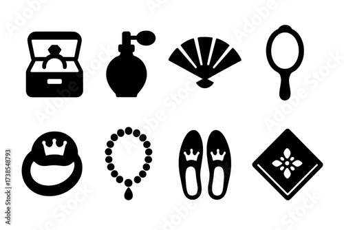 Queen's Icon Set. Solid, filled icon set of queen?s possessions: jewelry box, perfume bottle, fan, hand mirror, royal ring, pearl necklace, royal slippers,