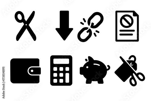 Financial Icons Grid. Solid, filled icon set of financial cutbacks: scissors, downward arrow, broken chain, canceled contract, empty wallet, calculator, piggy