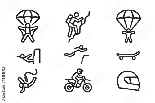 Extreme Sports Icons. Outline icon set of extreme risk sports: base jumping, mountain climbing, cliff diving, parachute, bungee jumping, racing helmet,