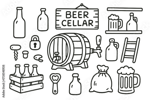 Beer Cellar Doodles. Hand-drawn doodle illustration Beer cellar barrel, bottle, growler, crate, glass, cork, opener, shelf, ladder, tap, mug, foam, sack, lock,