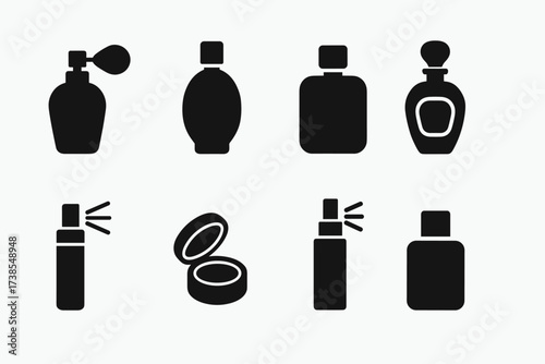 Perfume Icons Grid. Solid, filled icon set of perfume types: eau de parfum, eau de toilette, cologne, parfum, body mist, solid perfume, hair mist, aftershave.