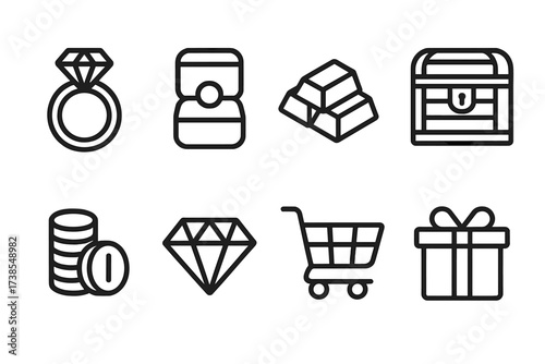 Luxury Icon Set. Outline icon set of luxury items: diamond ring, jewelry box, gold bars, treasure chest, gold coins, diamond, shopping cart, gift box. Line