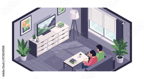 Cozy living room scene with two people watching television on a couch and enjoying snacks together a relaxing evening
