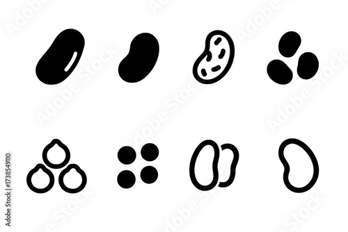 Bean Icon Collection. Solid, filled icon set of boiled beans: kidney beans, black beans, pinto beans, navy beans, chickpeas, lentils, cannellini beans, lima