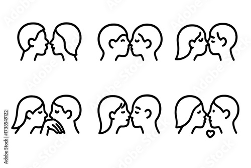 Cultural Kiss Icon Set. Outline icon set of cultural kiss types: French kiss, Eskimo kiss, butterfly kiss, hand kiss, cheek kiss, forehead kiss, nose kiss, air